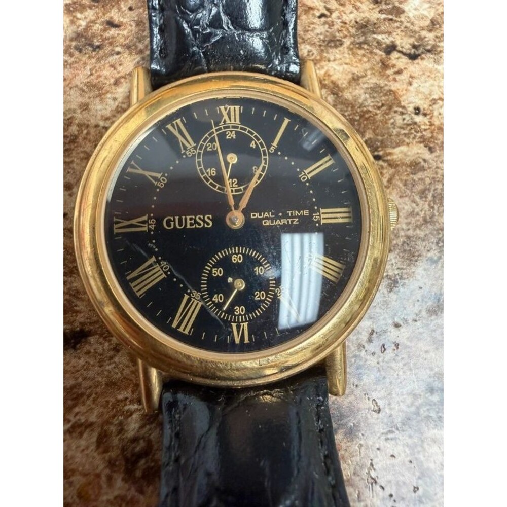 Vintage Guess Dual Time Quartz Watch Black Dial Gold Tone Roman Numerals